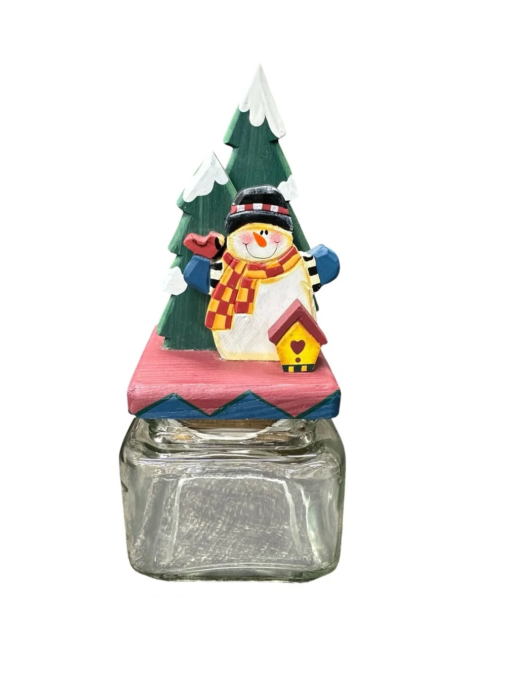 Vintage Snowman Glass Candy Jar Hand Painted Christmas Cookie Canister Holiday